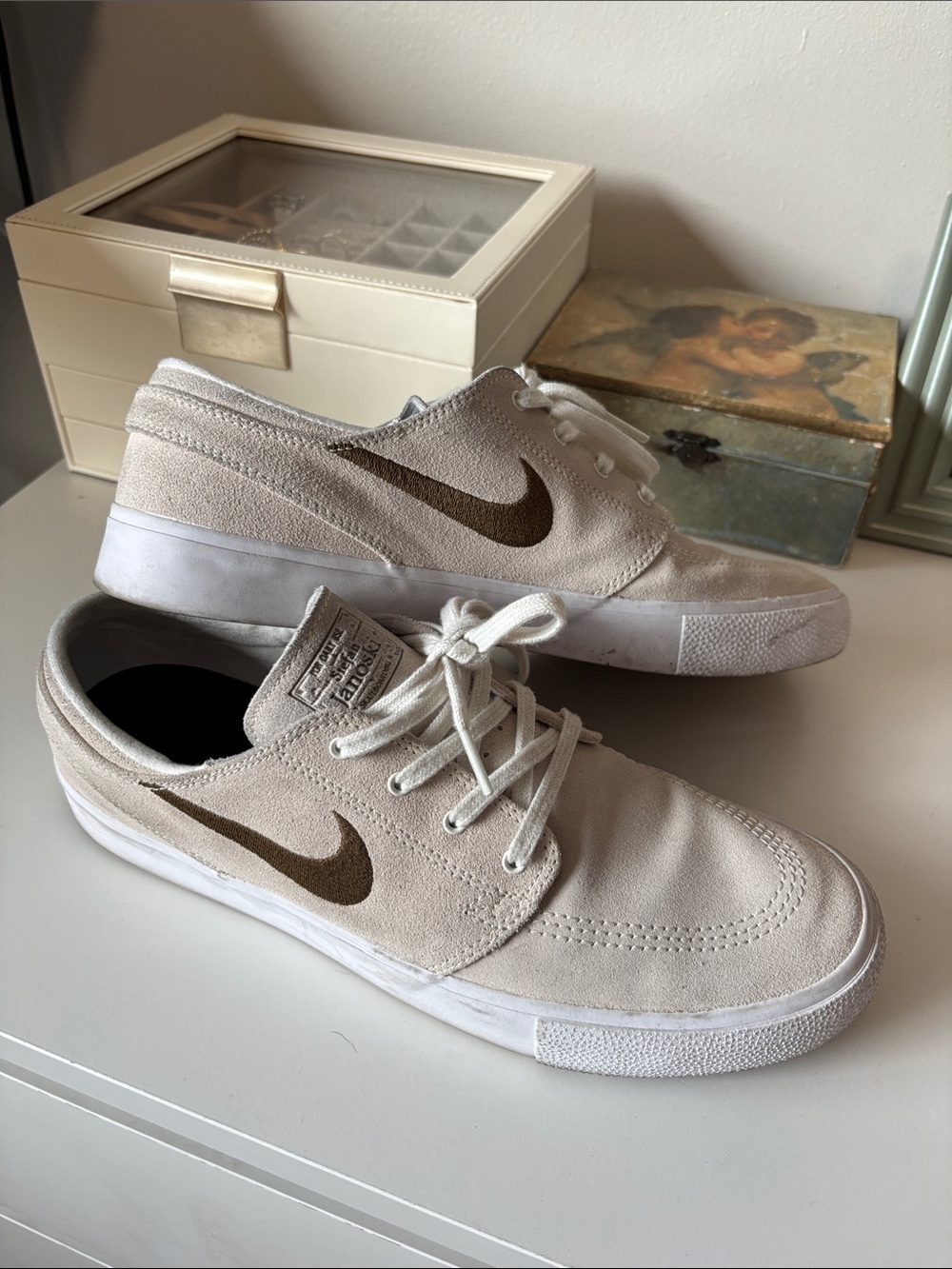 Nike Men’s Cream Suede Sneakers with Brown Swoosh